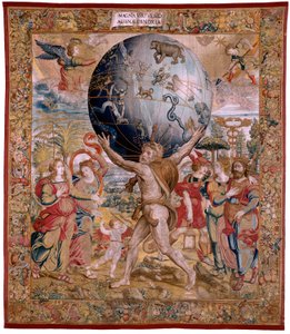 Flamand kárpit. A gömbök sorozat. Az égi szférát támogató Herkules (Hércules sostiene la esfera celeste). A sorozat első gobelinje. Barend van Orley vagy Pieter Coecke van Aelst modell. 1525-1530. Gyártás Joris Vezeleer (Georg Wezeler)?, B