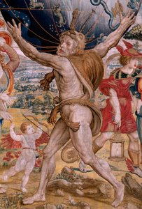 Flamand kárpit. A gömbök sorozat. Az égi szférát támogató Herkules (Hércules sostiene la esfera celeste). A sorozat első gobelinje. Barend van Orley vagy Pieter Coecke van Aelst modell. 1525-1530. Gyártás Joris Vezeleer (Georg Wezeler)?,