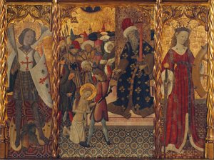 Szent Mihály és Szent Katalin, Barcelonai Szent Eulália mártíromsága keretezésére (289-304) - Martorell Bernát (1390-1452) festménye, tempera fára (143,5x188 cm), 1442-1445 körül - Szent Mihály, Szent Mártíromság Eulalia és Szent Katalin, Tem