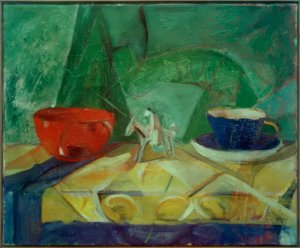 Csendélet kék csészével és piros tállal alkotó: Bertha Pauline Marie Marc