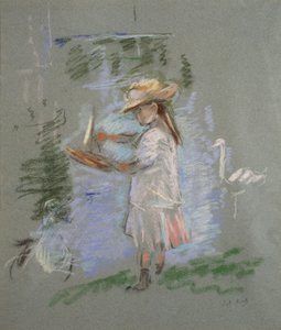Julie rózsaszínben a tóparton alkotó: Berthe Morisot