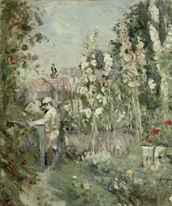 Fiatal fiú a Hollyhocksban alkotó: Berthe Morisot