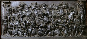 Rómaiak és barbárok csata (bronz) - Rómaiak és barbárok csatája (lovasok csatája). Bertoldo di Giovanni (1420-1491) bronz domborműves harisnya