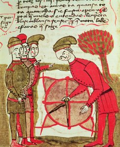 Ms 327 fol.216v Földmérők, akik tervvel és iránytűkkel dolgoznak, a Traite dArpentage-től, Arnaud de Villeneuve (1240-1312)