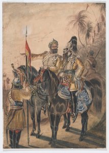 Két lovas tiszt és egy lovas sowar, 4. bengáli irreguláris lovasság, 1850 körül (akvarell) alkotó: Bethune Donald Grant