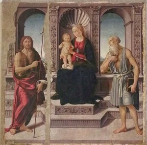 Madonna és gyermeke Keresztelő Szent Jánossal és Jeronimóval a trónon