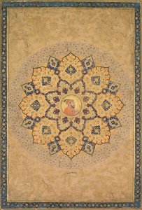 Shamsa napfényképe Aurangzeb 1618-1707 portréjával, az Emperors Albumból.