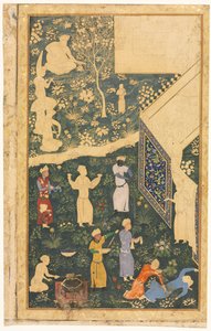 Zenészek és szolgák egy királyi táboron kívül recto, c. 1485. alkotó: Bihzad