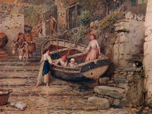 Kilátás a Clovelly-nél, megszállt csónakkal és figurákkal, 1882, 1935