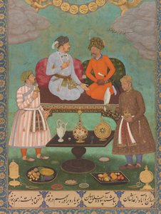 Dzsahangir szórakoztatja Abbász sahot a Szentpétervári Albumból (részlet), 1620 körül (akvarell, arany, tinta, papír) alkotó: Bishandas