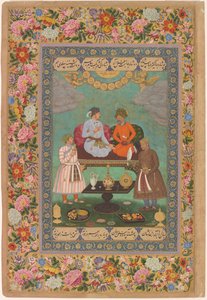 Dzsahangir szórakoztatja Abbász sahot a Szentpétervári Albumból, 1620 körül (akvarell, arany, tinta, papír) alkotó: Bishandas