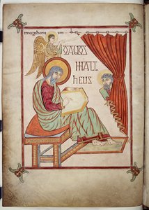 Cotton Nero D. IV, f.25v Szent Máté, írás, szimbólumával, a Lindisfarne-evangéliumokból, 710-721 (vellum) alkotó: Bishop of Lindisfarne Eadfrith