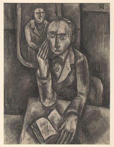 Férfi ül az asztalnál egy nyitott könyvvel alkotó: Bob Hanf (signed by artist)