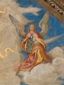 Apszis, Catino Apse, Boccaccio Boccaccino, Pantocrator a szentek között Marcellino, Imerio, Omobono, Peter Exorcist, Detail Angel jobbra alkotó: Boccaccio Boccaccino