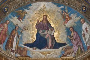 A Megváltó a dicsőségben Szent Himerius, Szent Marcellinus, Szent Omobono és Szent Péter között, valamint az evangélisták szimbólumai alkotó: Boccaccio Boccaccino