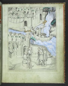Add hozzá a 24189 f.8 zarándokokat, akik közelednek a városkapukhoz, a „Sir John Mandeville utazásainak képeskönyvéből”, 1410 körül (vellum) alkotó: Bohemian School