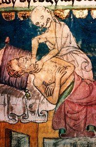 a mort etranglant un pestifere - A pestis áldozatát megfojtó halál - Miniatűr extraite du codex Stini, Boheme alkotó: Bohemian School