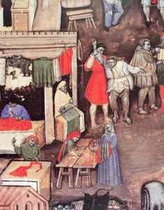 Ruhakereskedők a piacon, a „Statuto delle Kereskedők Céhe” (vellum) kéziratból