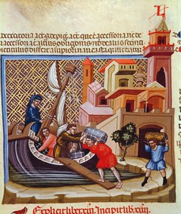 Áruk berakodása egy hajóra, a „Justinian Institutiones Feodorum et Alia” kéziratból, 1300 körül (vellum)