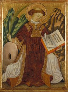 Zaragozai Szent Vince (4. század) (a Bibliát olvasó, a mártírok tenyerét tartó diakónus jelmezében, kínzása malomköve közelében) - Bonanat Zaortiga festménye (aktív 15. század), tempera fára (80,2x61) , 5 cm), 1430 körül - Saint Vincent,