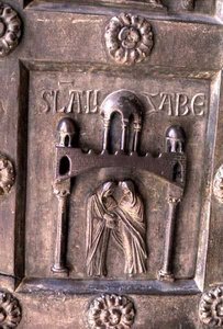 Panel, amely a Porta di S. Ranieri látogatását ábrázolja alkotó: Bonannus of Pisa