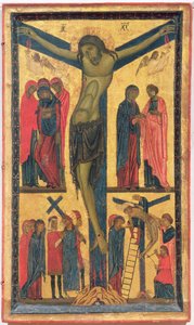 A keresztrefeszítés szent asszonyokkal, gyászolókkal, Krisztus a kálváriához vezető úton és a lerakás, diptichon jobb oldali panele (tempera a panelen) alkotó: Bonaventura Berlinghieri