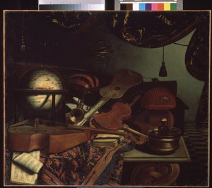 ""Csendélet hangszerekkel"" (Csendélet hangszerekkel) Földgömb, furulya, partitúra, hegedű, gitár. Bonaventura Bettera (1663-1718) festménye 1715 Puskin Múzeum, Moszkva alkotó: Bonaventura Bettera