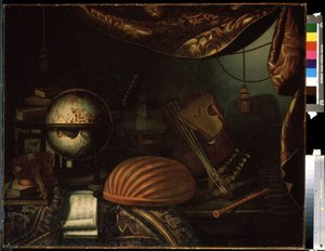 ""Csendélet hangszerekkel"" (Csendélet hangszerekkel) Földgömb, furulya, partitúra, hegedű, gitár. Bonaventura Bettera (1663-1718) festménye 1715 Puskin Múzeum, Moszkva alkotó: Bonaventura Bettera