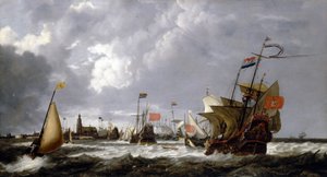 A "Hercules" és az "Eenhorn" hajók Hoorn (Hollandia) partjainál, a város leírásával a horizonton. Olaj, vászon