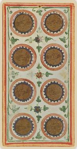 Az érme nyolca, a „Visconti” pakliból származó tarot kártya faksza alkotó: Bonifacio (attr.) (after) Bembo