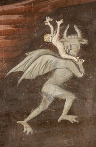 Északi kereszthajó, Szent Mihály arkangyal oltára, az oltárkép mögött Bonifác Bembo freskói, Mihály arkangyal Mérleggel, aki kiűzi a gonoszt, Részlet rosszindulatú alkotó: Bonifacio Bembo