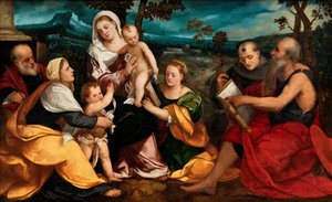 A szentek által körülvett Szent család, 1530 körül (olaj, tábla)