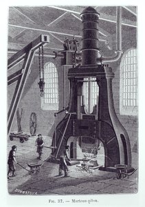 A Le Creusot erőgépkalapács, illusztráció egy ipari gépekről szóló könyvhöz, 1880 körül (fekete-fehér fotó) alkotó: Bonnafoux