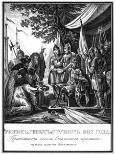 Rurik, Sineus és Truvor. A varangiak meghívása, 862 Az illusztrált Karamzinból, 1836