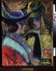 Kávézó Párizsban (Cafe in Paris). Két elegáns nő egy ital körül ül egy párizsi bisztróasztalnál. Borisz Dmitrijevics Grigorjev (1886-1939) alkotása, pasztell kartonon alkotó: Boris Dmitrievich Grigoriev