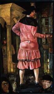 A szőkék utcája (Street of the Blondes). Egy prostituált Párizsban (Franciaország) egy utcában, akit gyanakvó szemű férfiak arca vesz körül, és egy férfi figyeli, aki egy épület oszlopa mögé bújik. Borisz Dmitrijevics Grigorjev festménye (