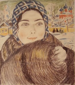 Egy fiatal kereskedő feleség kockás sálban, 1919 alkotó: Boris Mikhailovich Kustodiev