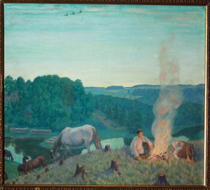 Tábortűz (Campfire). Táj egy nyári estén, fiatal fiúk pihennek egy tűz körül, a folyó partján. Körülöttük csend, nyugalom és csendesen legelészik a lovak. Borisz Michaylovich Kustodiev (Kustodiev) festménye (1 alkotó: Boris Mikhailovich Kustodiev