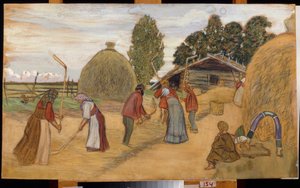 Az aratás cséplése szálkával (Threshing Floor) - Borisz Michaylovich Kustodiev (Koustodiev) (1878-1927) munkája, pasztell, karton, 59x100 cm alkotó: Boris Mikhailovich Kustodiev