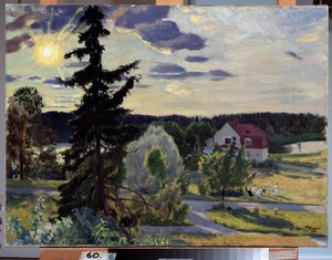 Esti táj. Egy csapat gyerek labdával játszik egy ház előtti gyepen. Borisz Michaylovich Kustodiev (Kustodiev) (1878-1927) festménye, olaj, vászon alkotó: Boris Mikhailovich Kustodiev