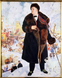 Feodor (Fiodor, Fedor) I. Chaliapin (Chaliapin) (1873-1938) énekes portréja (F.I.Shalyapin énekes portréja). Az énekes bundában és kalapban, egy rábámuló bulldog kíséretében áll büszkén egy film animációi előtt. alkotó: Boris Mikhailovich Kustodiev