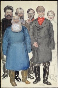 Jelmeztervezés Alexandre Osztrovszkij (1823-1886) Farkasok és birkák című színházi darabjához (A. Ostrovsky Farkasok és birkák című színházi darabjának jelmezterve). Borisz Michaylovich Kustodiev (Koustodiev) (1878-1927) munkája, akvarell papíron alkotó: Boris Mikhailovich Kustodiev