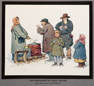 Forró leves eladó, a Histoire des Soviets kocsmából. 1922 (színes litó) alkotó: Boris Vasilievich Zvorykin