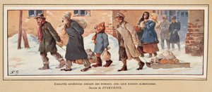 Szovjet munkások, akik ételadagjukkal hagyják el az irodát, a Histoire des Soviets kocsmából. 1922 (színes litó) alkotó: Boris Vasilievich Zvorykin