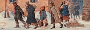 A szovjet munkások ételadagjukkal hagyják el irodáikat (színes litho) alkotó: Boris Vasilievich Zvorykin