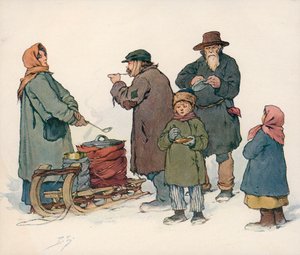 Nő forró levest árul az utcán Szovjet-Oroszországban (színes litó)