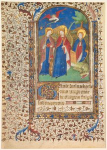 Levél az órák könyvéből: Sts. Geneviève, Alexandriai Katalin és Margaret recto..., c. 1415 alkotó: Boucicaut Master