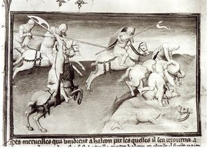 Ms Fr 2810 A mongol vezér, Hulagu, az Ilkhanátus kánja 1262-ben üldözi unokatestvérét, Berkét, a Kipchak vagy az Arany Horda kánját, és egy folyóba kényszeríti Livre des Merveilles du Monde-ból, 1410 körül-