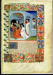 Ms Fr 2810 f.226, Hayton testvér bemutatja könyvét Jean Sans Peurnek, a „Livre des Merveilles du Monde”-ból, 1410-1212 körül (tempera 1vellumon) alkotó: Boucicaut Master