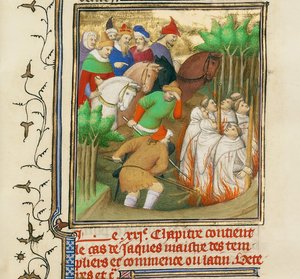 A templomos lovagok Szép Fülöp és udvaroncainak jelenlétében elégettek, kb 1413-1415 alkotó: Boucicaut Master,